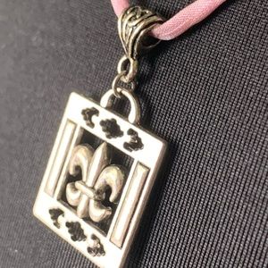 Necklace fleur de Lis square pendant on soft pink satin cord